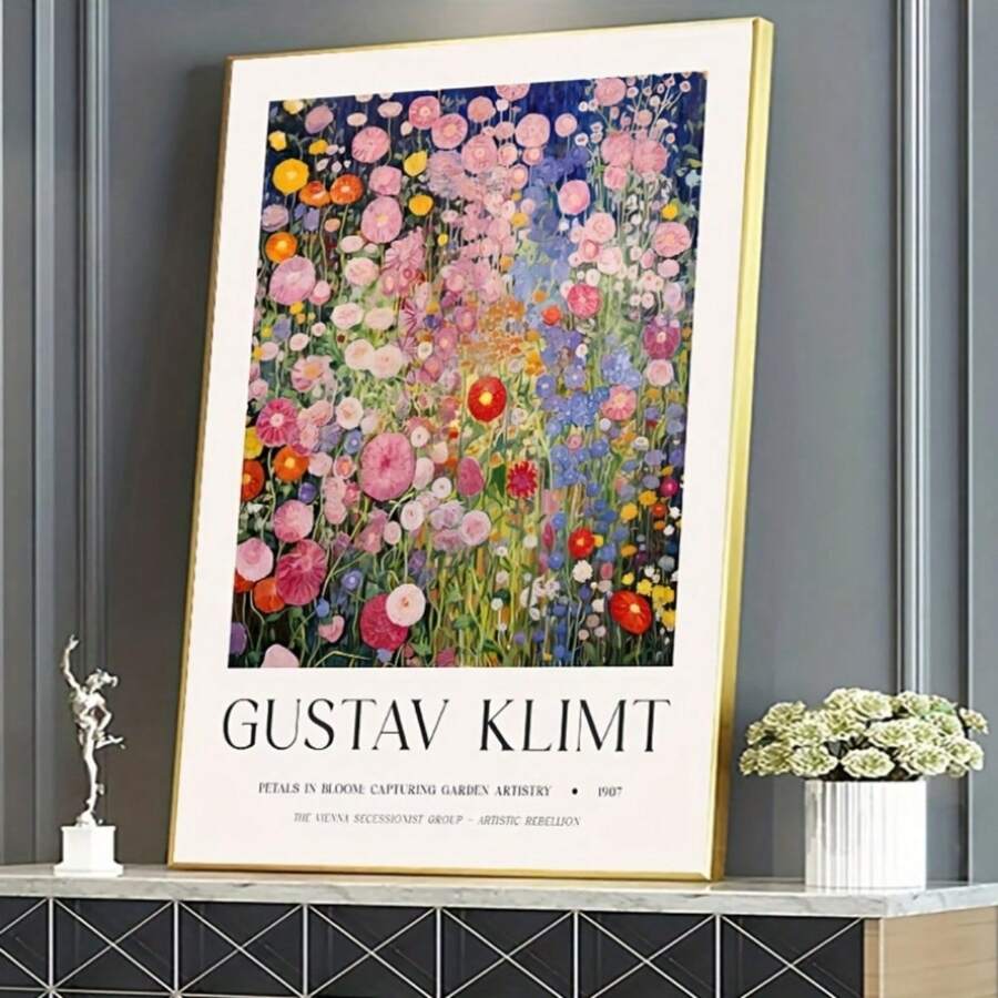 Impresión artística enmarcada de lienzo con inspiración en la obra de Gustav Klimt, con motivo floral, de orientación vertical, para decoración de pared con tema botánico de interiores