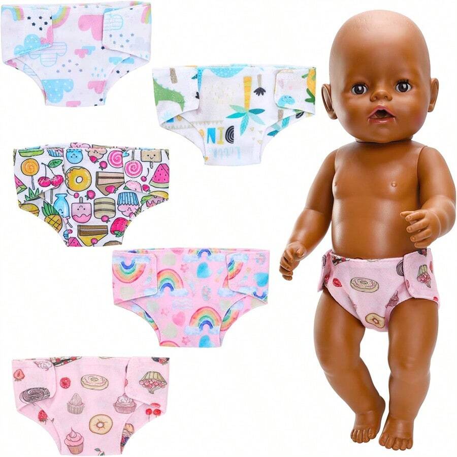 Set de 5 pañales para muñecas reutilizables, adecuados para muñecas de 12 a 15 pulgadas y de 16 a 18 pulgadas, traje de pañal de muñeca de colores (muñecas no incluidas, colocación de patrones al azar), Cry Babies, muñecas de 12 pulgadas, muñecas de niños, ropa de muñeca bebé, accesorios de muñeca bebé, muñeca bebé, Cry Baby, accesorios de muñeca bebé, pañales