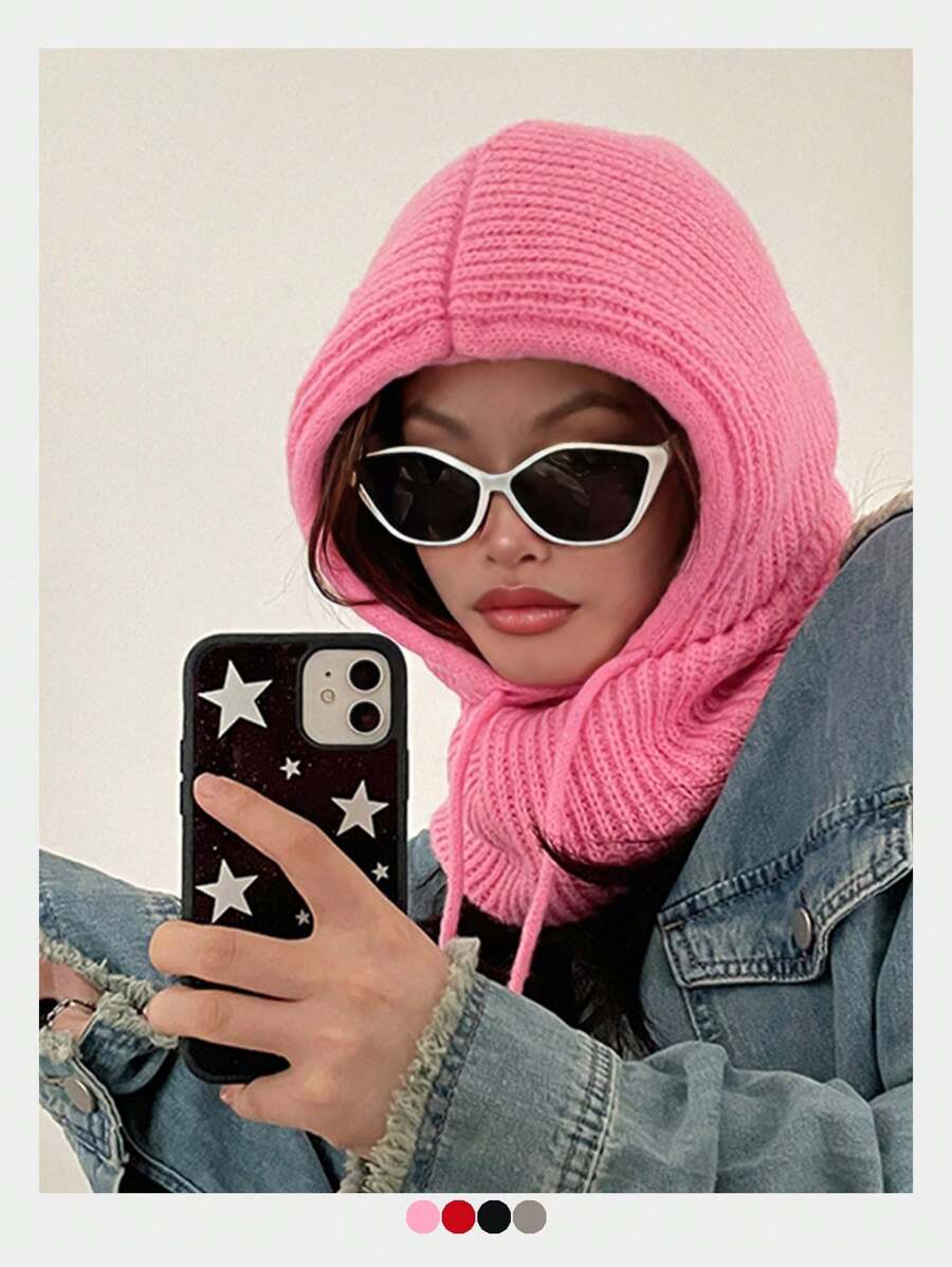 1pc Women's Rose Pink Draw String Faux Collar Wool Balaclava Hat Outdoor Skiing Warm Knitted Neck Warmer Face Cover Cowl Hood For Winter Use Halloween