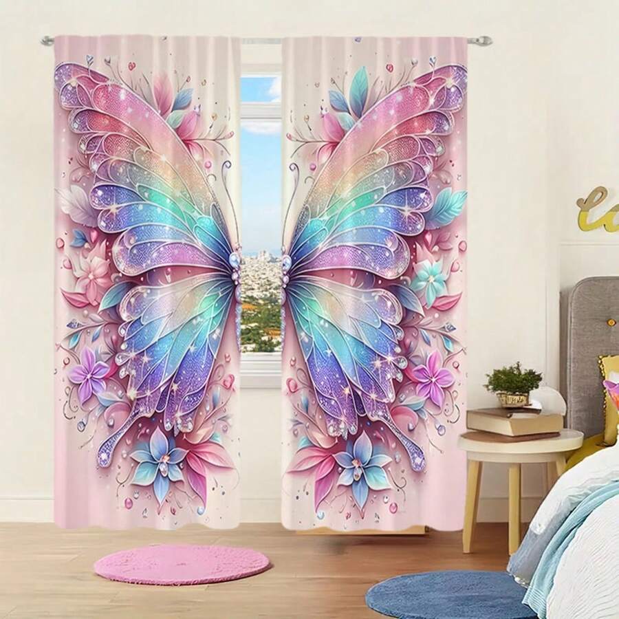 2pcs Elegant Colorful Butterfly Pattern Curtains, Pink Background Blackout Curtains, Door Curtain, Rod Pocket Window Curtain - Beautiful Home Decoration For Living Room And Bedroom - Easy To Install And Maintain Gifts Birthday Graduation