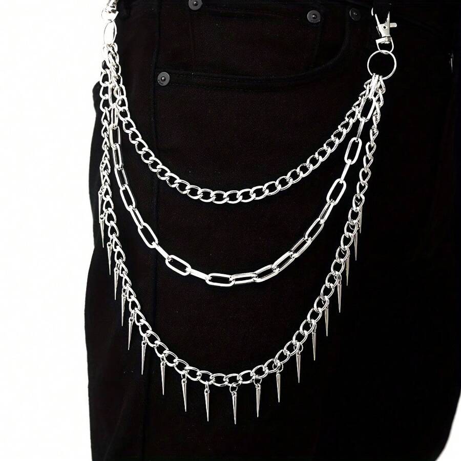 1pc Chain Pocket Pants Trousers Belt - Punk Rock Inspired Chain Layered Waist Accessories With Spike Tassel Details - Unique Gift Idea For Fashionistas