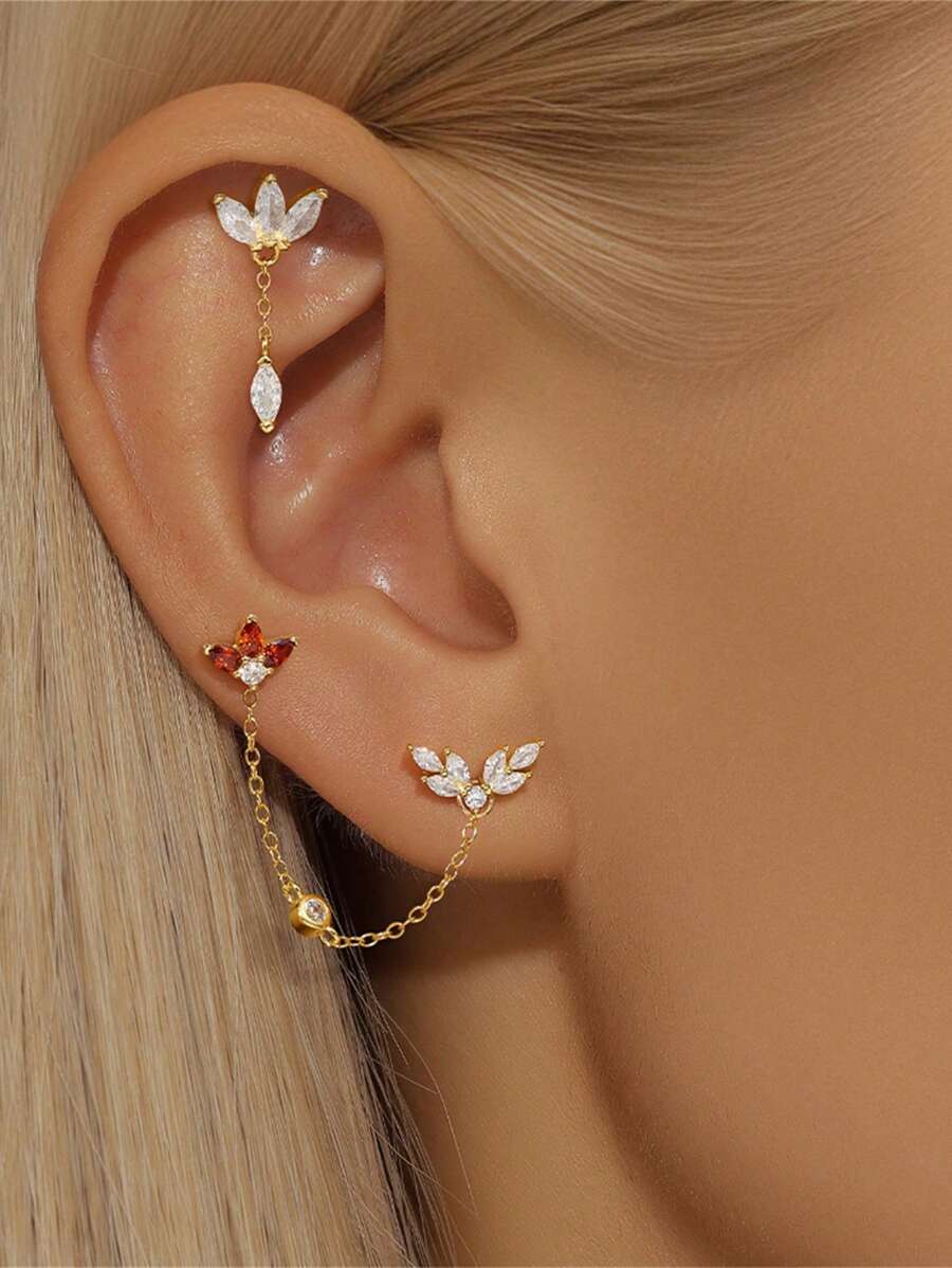 1Pc Asymmetrische Zirkonia Hanger 925 Sterling Zilveren Mini Oorbel Voor Vrouwen Zoete Stijl Geperforeerde Ketting Met Stud Oorbel Geschikt Voor Bruiloft Bruidssieraden