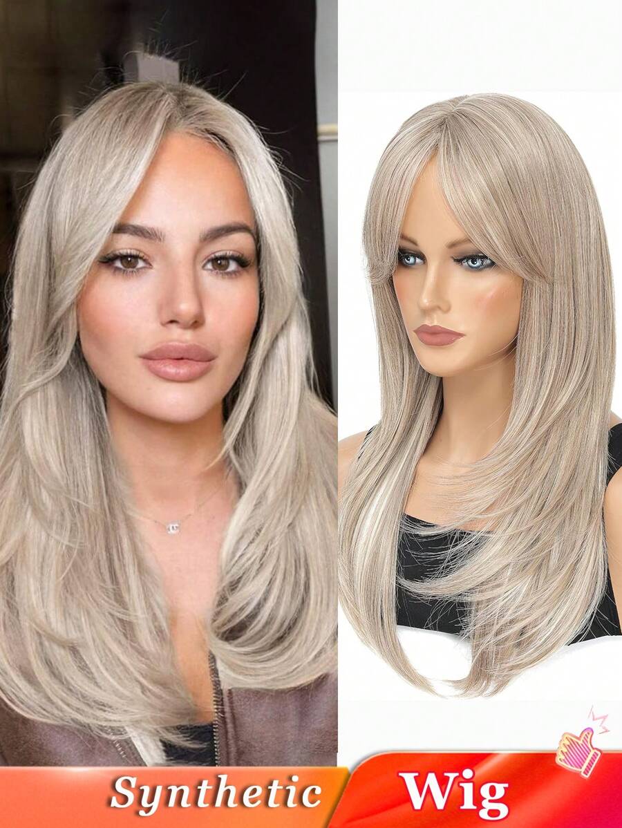 Long Mixed Ash Blonde Wigs For Women 22 Inch Middle Part Wavy Layered Synthetic Hair Wig Natural Looking Synthetic Heat Resistant Fiber Wig For Daily Party Use