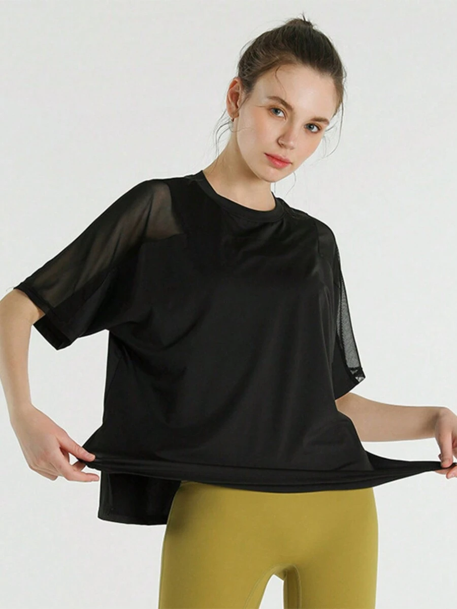 1pc Women Sports Quick Dry Shirt, Breathable Workout Tee, Short Sleeve Fitness Top, Mesh Design Loose Yoga Wear, Spring/Summer