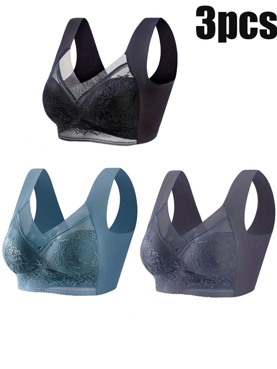 3 Pack Women'S Sexy Lace Mesh Bra Underwear, Seamless Full Coverage Wireless Support, No Wire Ring, Anti-Sagging, Seamless Underwear, Breathable Summer Thin Cup, Elegant Back Design