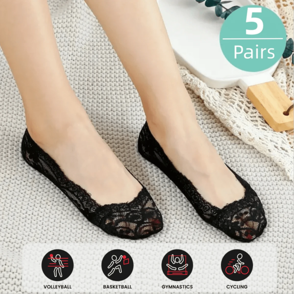 Sports Outdoor 5 Pairs Solid Lace No Show Socks, Breathable Invisible Non-Slip Low Cut Ankle Socks,Girls Lace Trim Boat Socks, Comfortable Breathable Socks,Women's Socks,Suitable For Light Shoes,High-Heeled Shoes