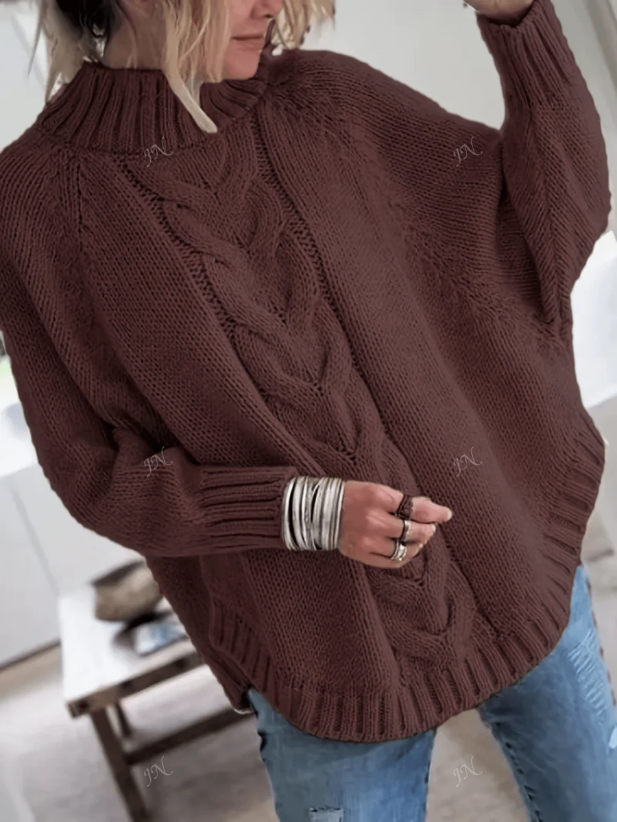 Plus Size Solid Color Cable Long Sleeve Casual Pullover Sweater, For Winter