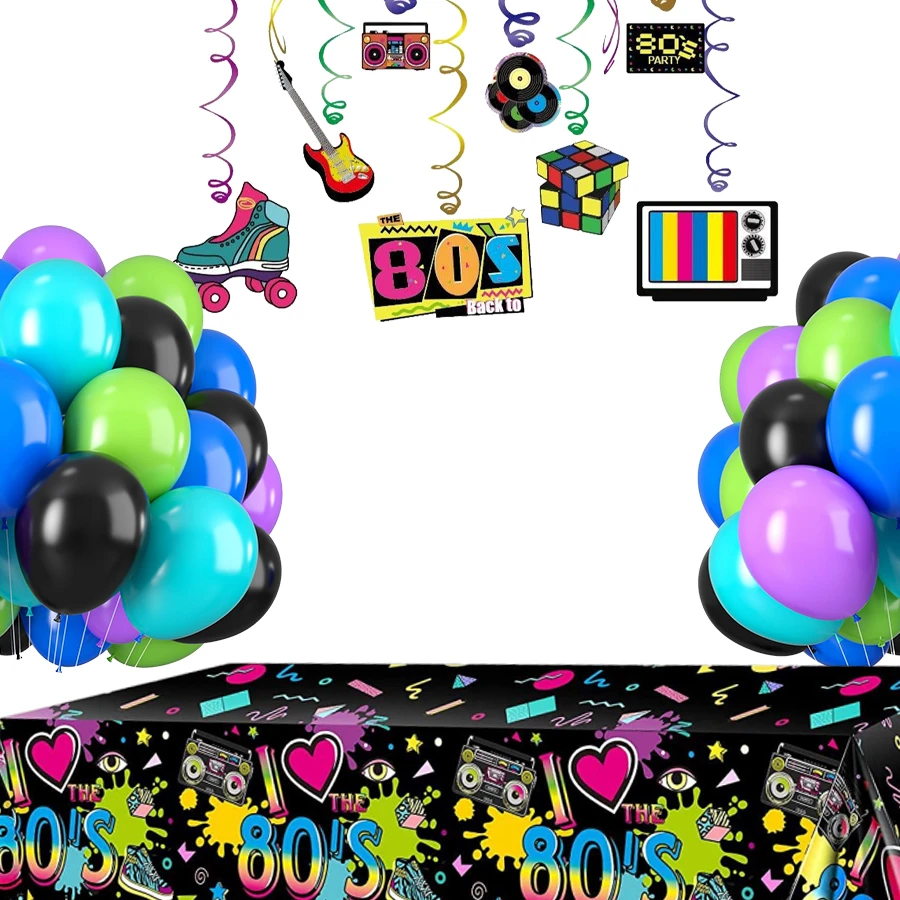 80s Plastic Party Tablecloth, Green Purple Teal Balloons, Back To The 80s Party Decorations 80's Party Hanging Swirls, 80's Party Table Cover 80s Birthday Party Supplies, The 80's Hip Hop Party Decoration, Throwback Birthday Party Decoration For Dining Room