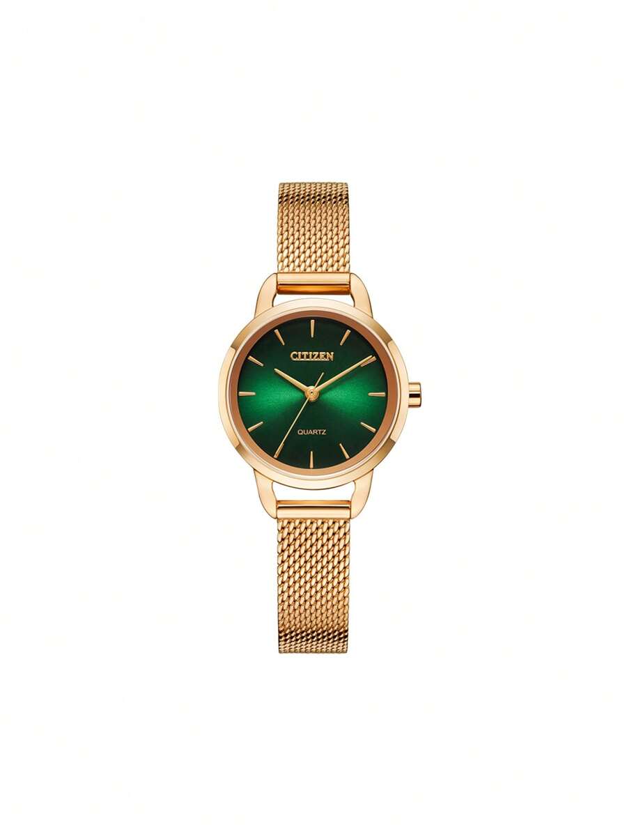 CITIZEN Montre à quartz pour femmes, montre analogique avec bracelet en acier inoxydable doré rose, montre habillée décontractée pour femmes, boîtier de 26 mm avec cadran vert EQ3003-50W