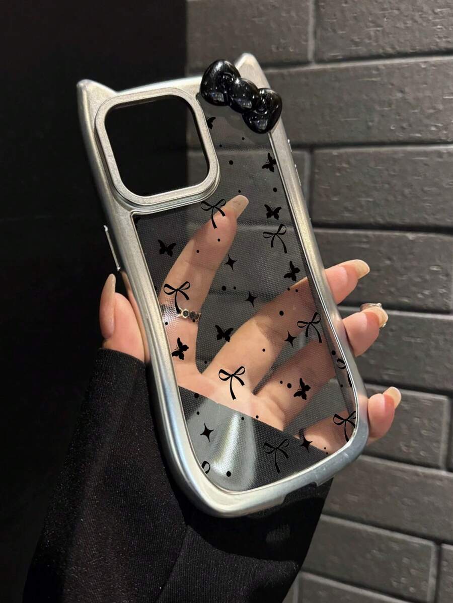 1pc Cute Cat Ear 3D Bow Transparent Phone Case Compatible With Apple IPhone 16 Pro Max/16 Plus/16/15/14/13 Pro/12/11