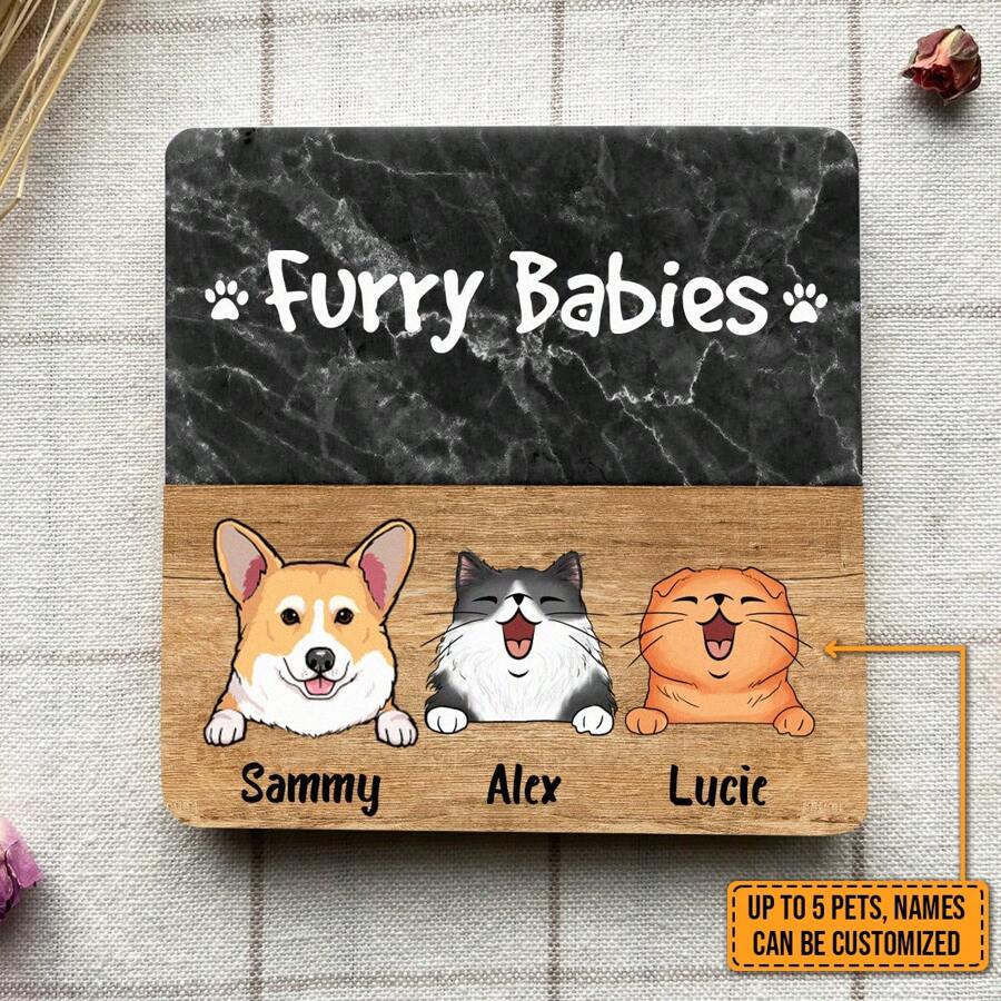 Personaje personalizado - Bebés peludos - Posavasos de mármol y madera personalizados como regalo para papá de mascota, mamá de mascota, amantes de gatos y perros