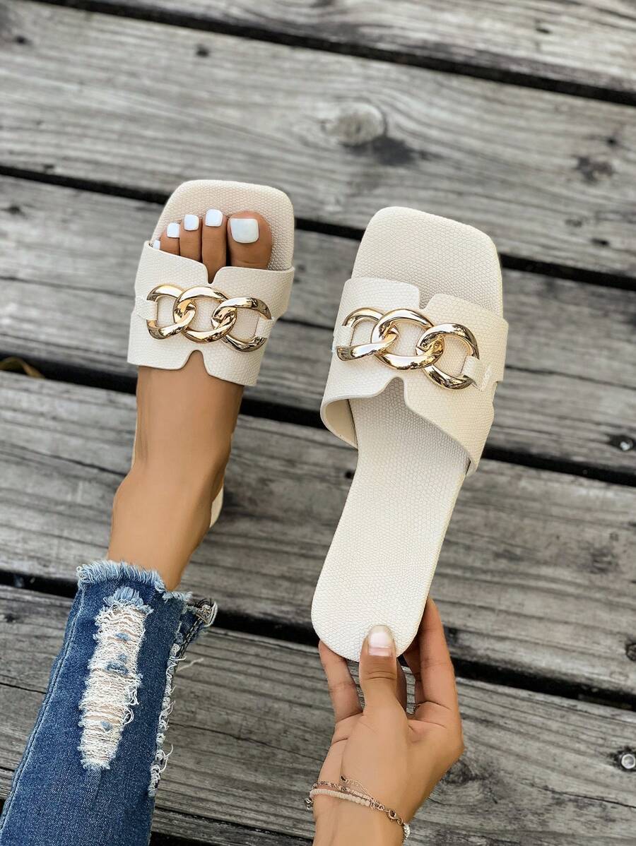 (Wide Fit) Square Toe Buckle Slide Slippers, New Women Summer Outdoor Fashion Anti-Slip Flat French Style Ins Sandals