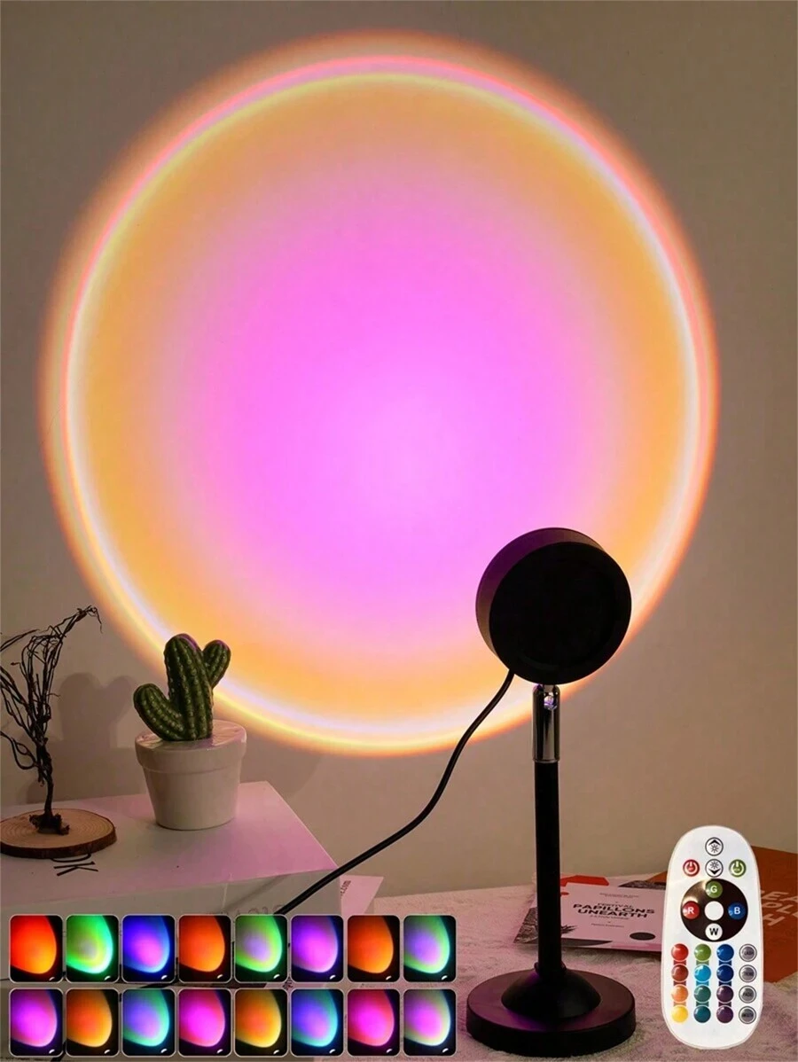 1 pieza Lámpara proyector de atardecer de 16 colores con control remoto y alimentación USB - 4 ajustes de modo, para fotografía, selfie, fiesta, decoración del hogar - excelente regalo para mujeres, niñas, bodas, Halloween, Navidad