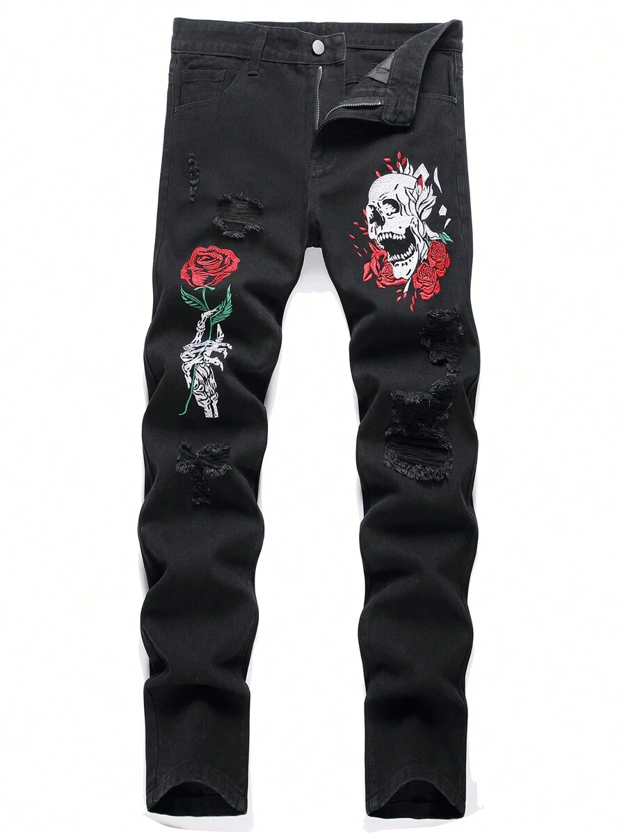 1 pièce Pantalon de survêtement pour homme Streetwear, avec motif brodé de crâne rose, détails de poche, tissu respirant en toile anti-déchirure et coupe épaissie pour les quatre saisons, adapté pour se promerner en ville, traîner et pour des activités de plein air parent-enfant.