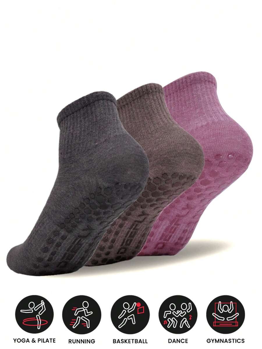 Sports Outdoor DEEFLY Women's Low Cut/Mid-Calf Socks, Regular Thickness, Solid Color, Anti-Slip Yoga Socks, 3 Pairs Pack, Suitable For Home, Pregnancy And Fitness Pilates