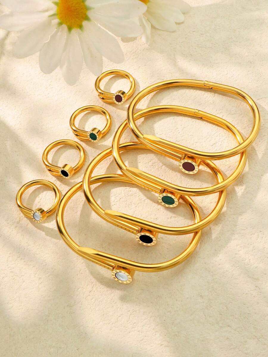1 Set/2 Stücke modisches, klassisches Armreif Set mit römischen Ziffern, einzigartiges Nagel Design, charmantes Edelstahl Armband und Ring Schmuck Set für Frauen