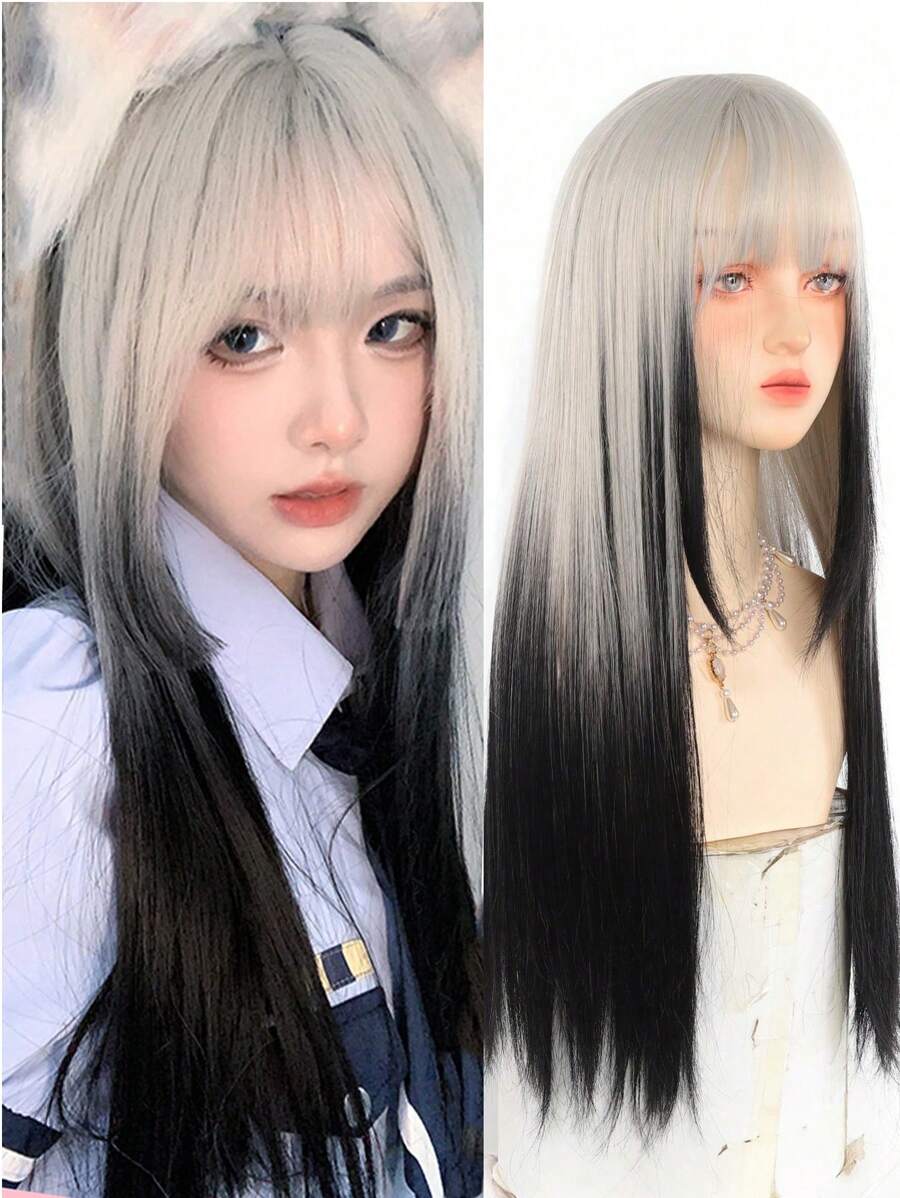 Lange zwarte grijze highlight pony synthetische pruik Lolita cosplay mode dagelijks hoge temperatuurbestendige pruik vrouw