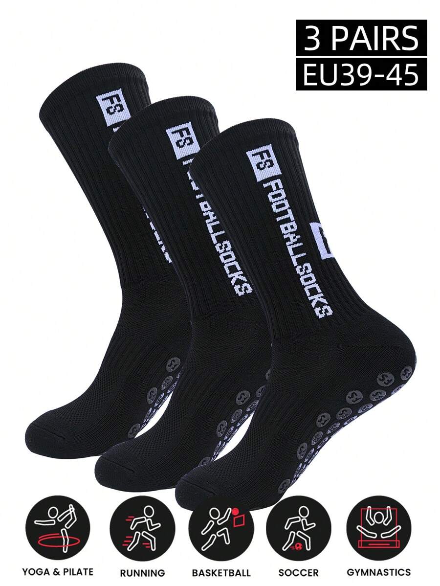 3 Pairs Anti-Slip Cushioned Mid-Calf Sports Socks, Suitable For Soccer, Trampoline, Running, Hiking, Fitness, Baseball, Basketball, Tennis, Moisture Wicking, EU Size 39-45