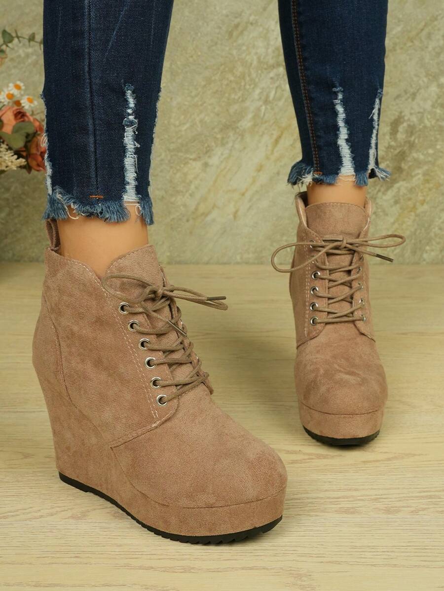 Bottines pour femmes, chaussures compensées synthétique de couleur unie, bottes à plateforme imperméable à lacets avec semelle épaisse, chaussures rehaussantes