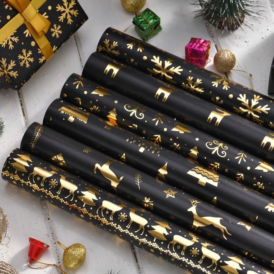 6 Stücke/12 Stücke Weihnachts Geschenkpapier aus Folie, Retro-Schwarz & Gold Hirsch, Schneeflocke, Weihnachtsbaum Muster, Geschenkverpackungspapier, Weihnachten
