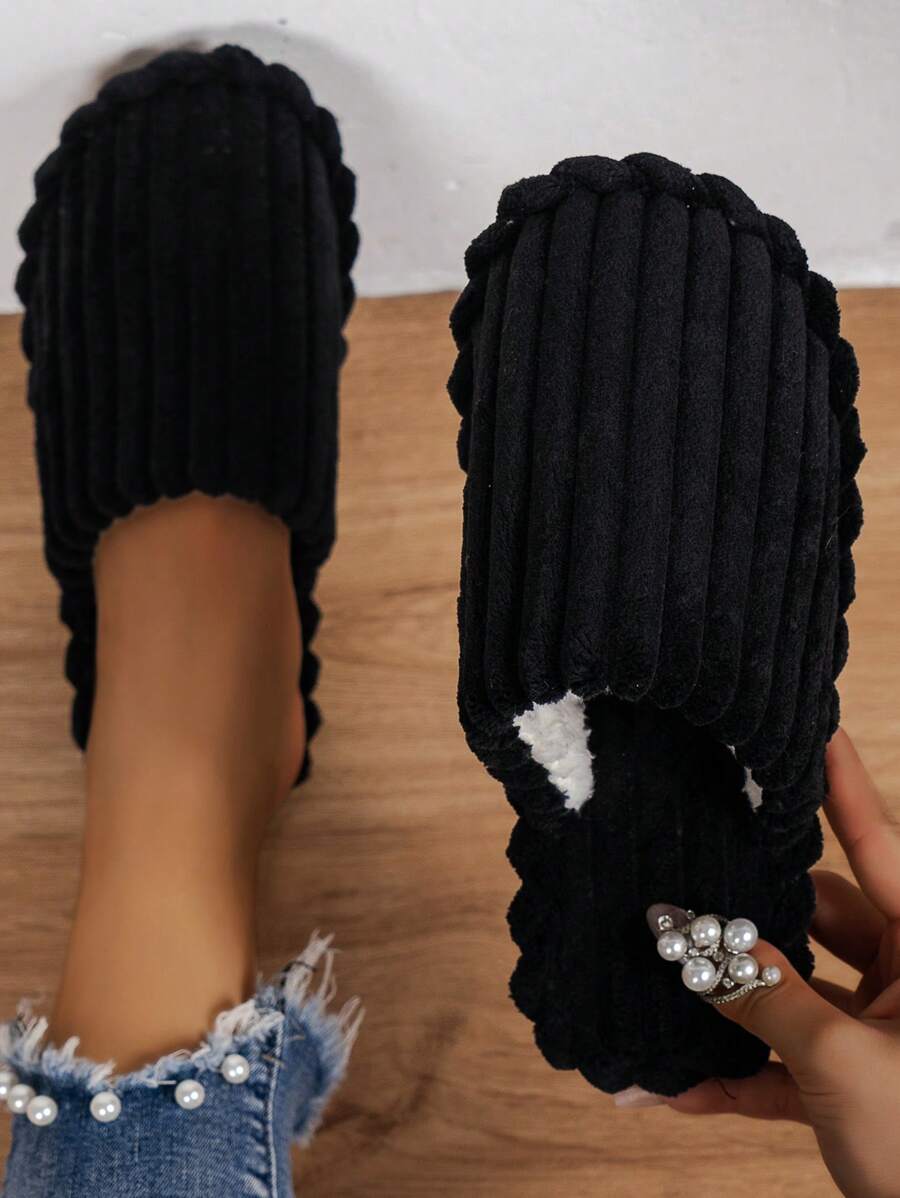 Women Casual Striped Fluffy Slides, Warm Fluffy Soft Sole Slippers For Indoor And Outdoor Wear, Autumn/Winter