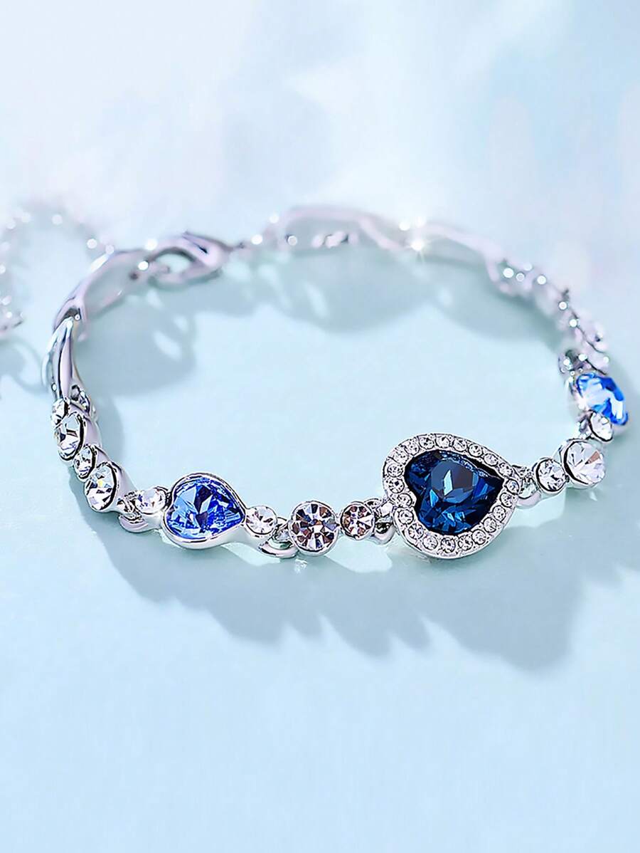 1pc Fashion Shiny Navy Blue Heart-Shaped Crystal Zirconia Bracelet, Jewelry Gift For Women