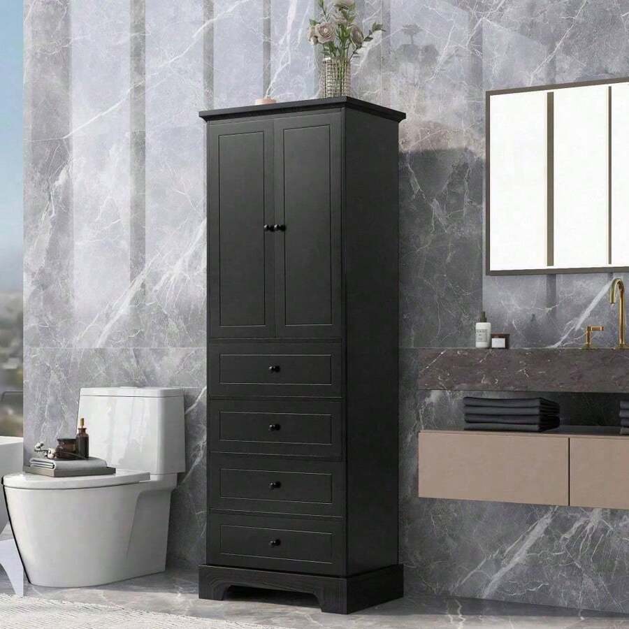 Storage Cabinet With 2 Doors And 4 Drawers For Bathroom, Office, Adjustable Shelf, MDF Board With Painted Finish, Black Mo-Autos