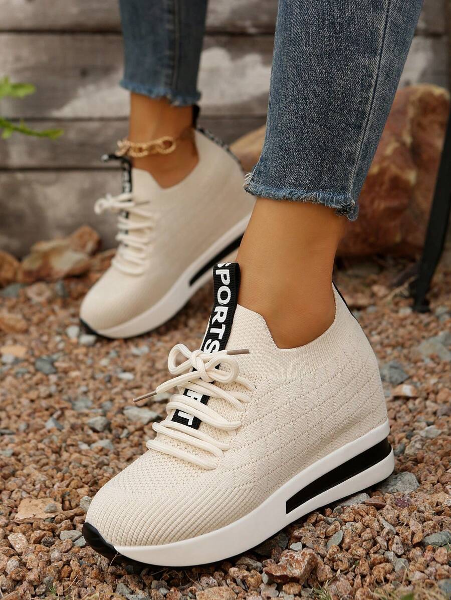 Women Spring/Autumn New Stylish Thick Sole Wedge Sneakers, Knitted Breathable Comfortable Hidden Heel Casual Shoes, Students' Plain Color Versatile Athletic Sneakers