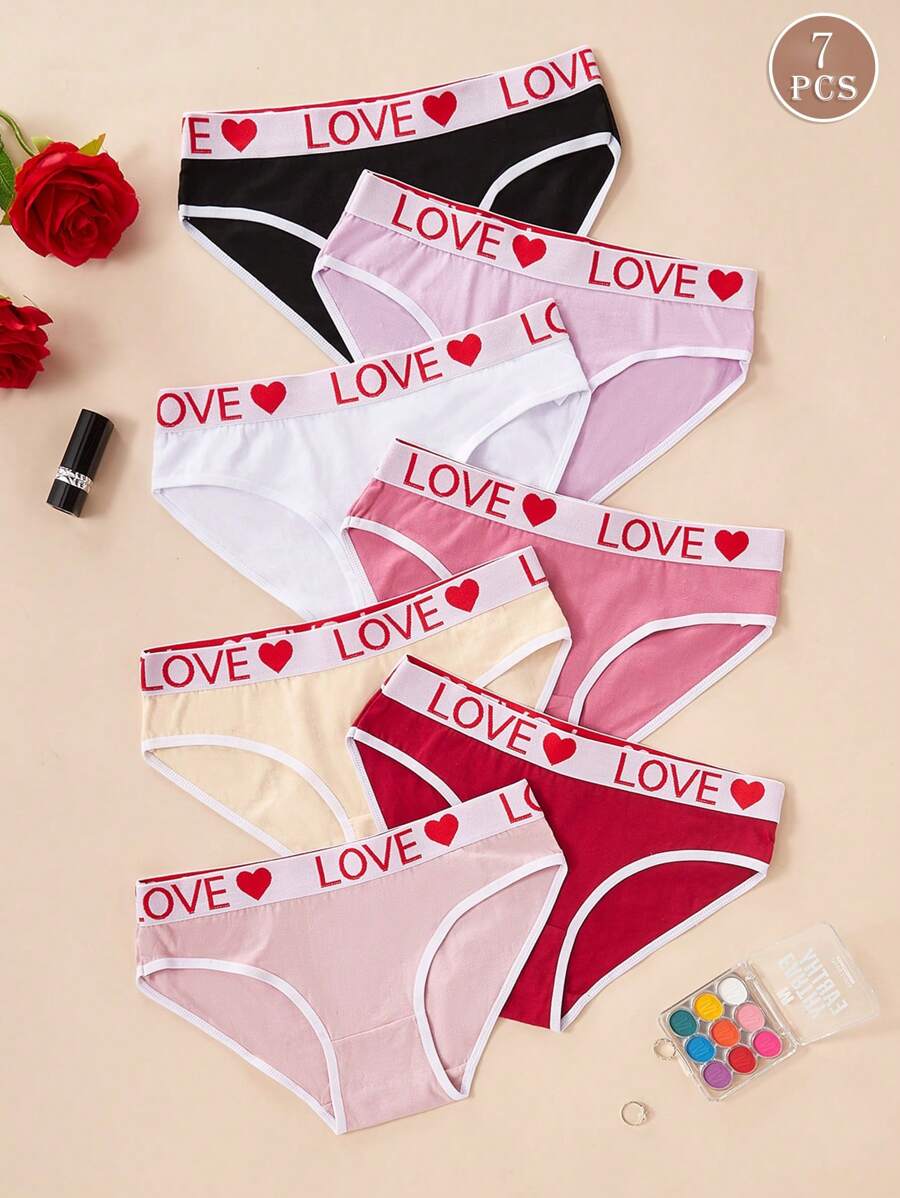 7pcs Women Briefs With Simple Love Woven Waistband, Solid Color Triangle Panties
