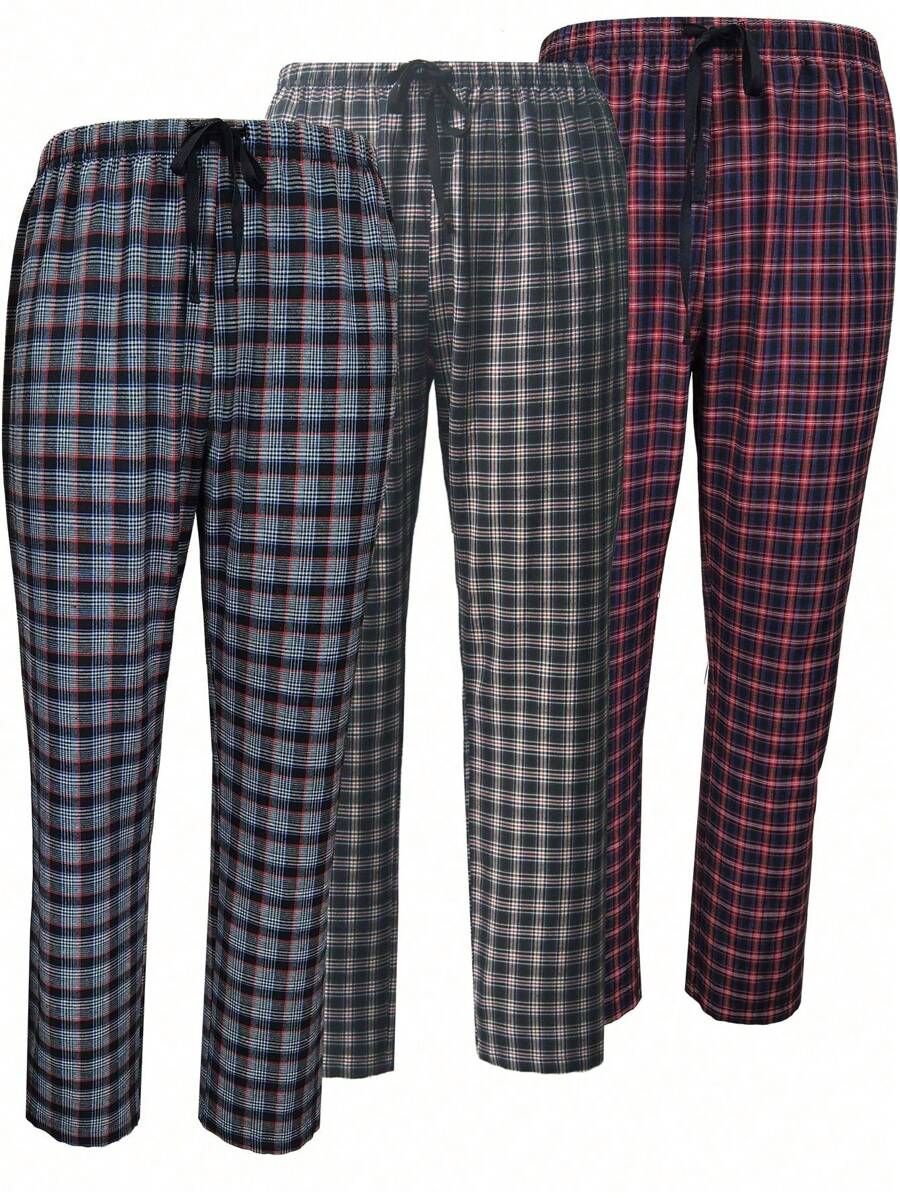 3pcs/set Men's Adjustable Waist Plaid Design Mixed Color Casual Long Pants For Autumn And Winter