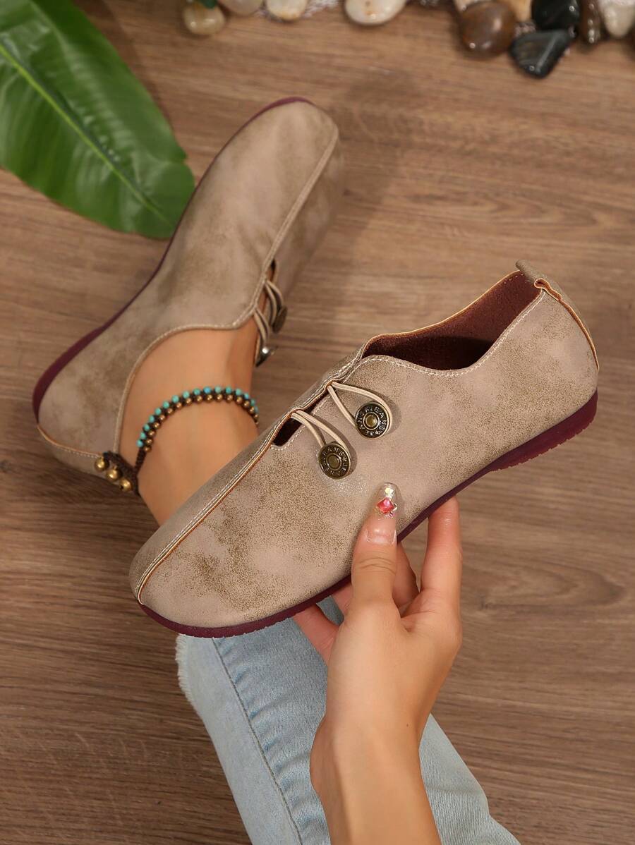 Women's Casual Flat Shoes With Metal Buckle, Round Toe, Solid Color - All-Season Comfort Flats With PU Sole And Man-Made Materials