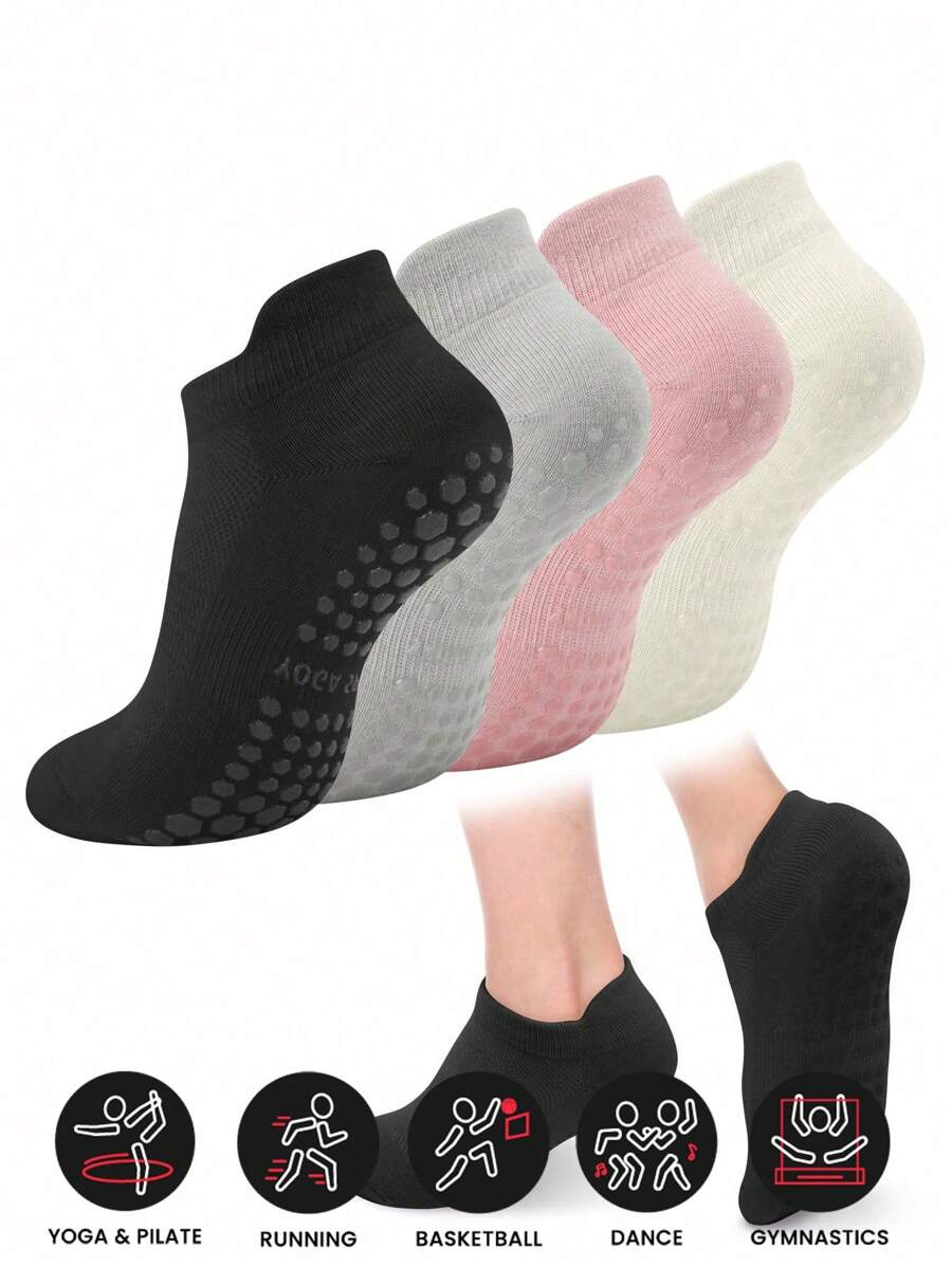 Sports Outdoor 4 Pairs Of Women's Non-Slip Pilates Socks, With Extra Grip - Essential For Yoga And Ballet Studios - Suitable For Hospital, Barefoot Exercise, And Comfortable Sports