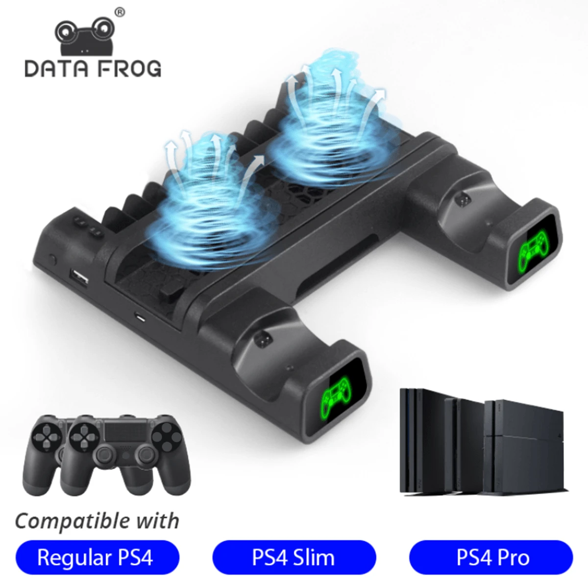 DATA FROG PS4 Stand Cooling Fan Station For Playstation 4/PS4 Slim/PS4 Pro With Dual Controller EXT Port Charger Dock Station And 12 Game Slots