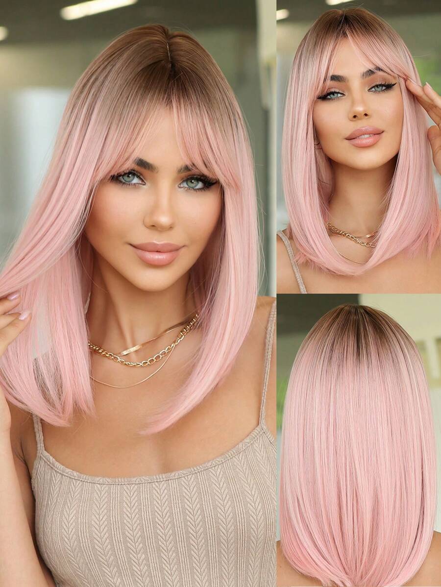 Peruca Bob de 14 Polegadas, Peruca de Cabelo com Gradiente Rosa para Mulheres, Cabelo Liso de Comprimento Médio com Franja, Fibra Sintética Adequada para Uso Diário, Festa, Festa, Férias, Natural, Elegante, Romântica, Sexy, Simples
