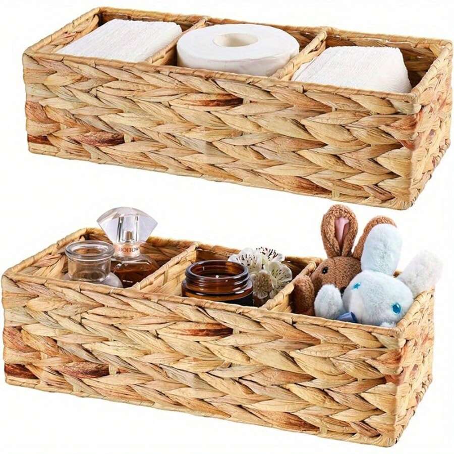 2pcs/1pc Handmade Woven Water Hyacinth Storage Basket - 3 Tiers Rack, Suitable For Toilet Paper & Tank Top Storage, Water Hyacinth Organizer, Room Decor, Home Decor