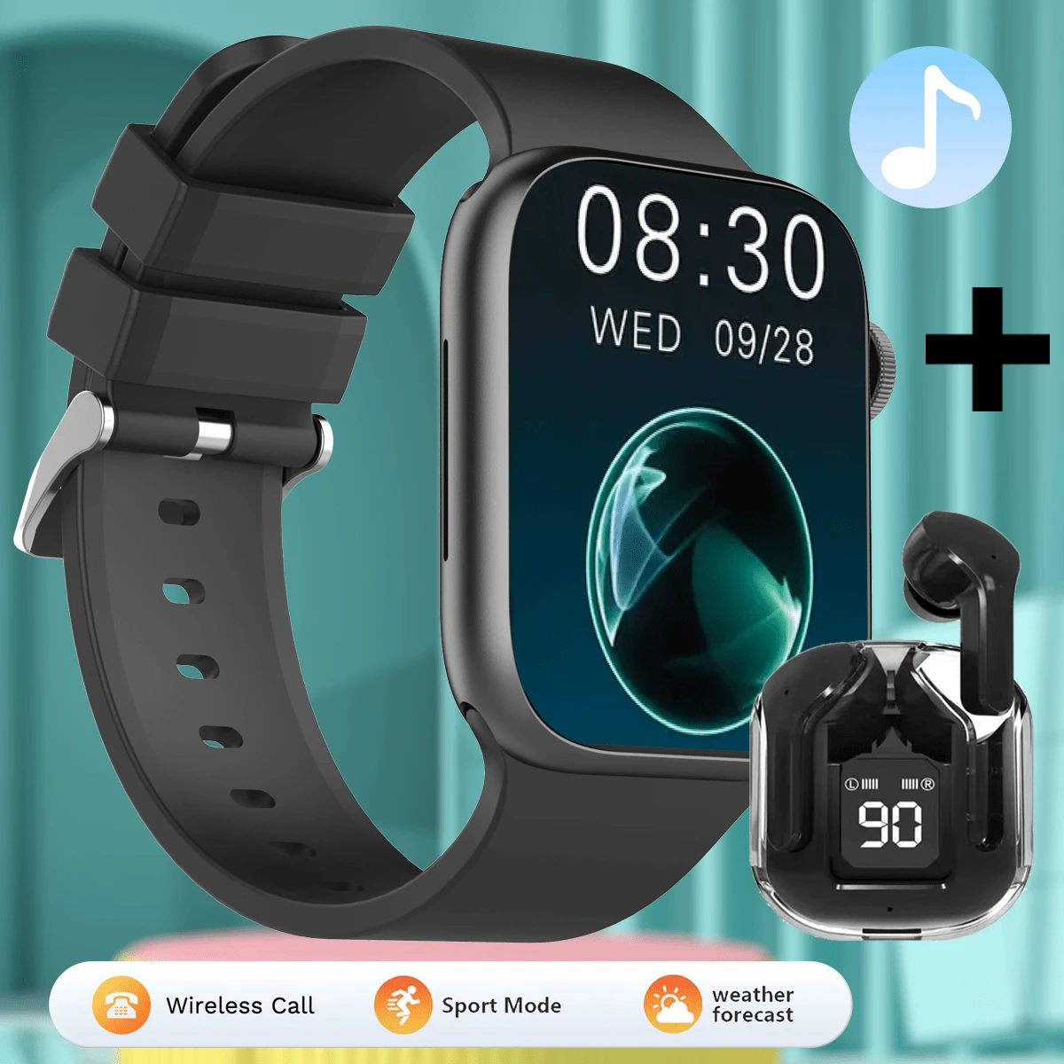 Multifunctional Smart Watch - Music Player, Phone Call, Message, Weather, Step Counter, With Wireless Earbuds