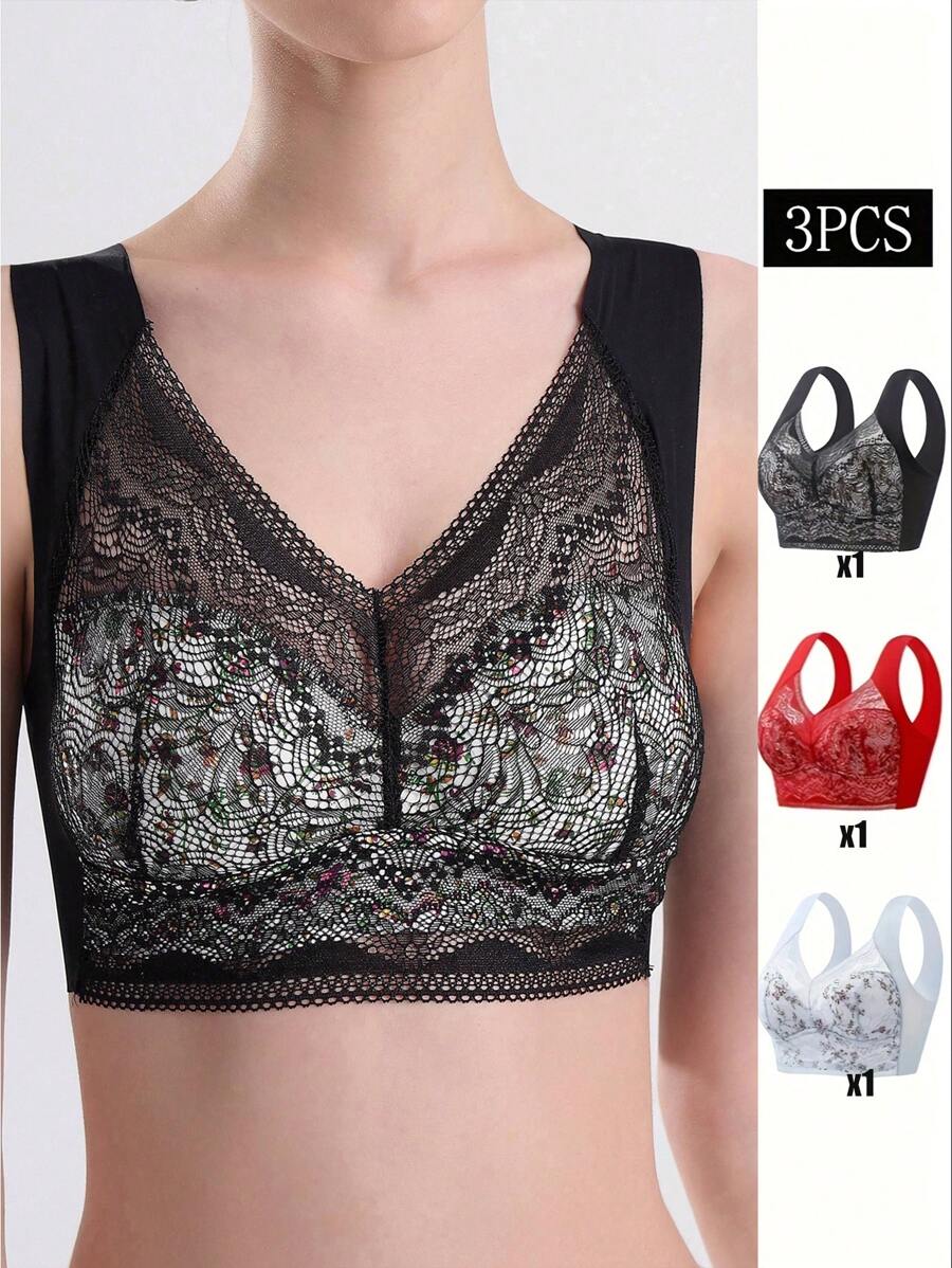 3pcs Summer Lace Small Floral Lce Silk Thin Seamless Gathered Side Breast Vest LargeSize Seamless Beautiful Back Bra One-Piece Tube Top Underwear Thin Large ChestSmall Bra