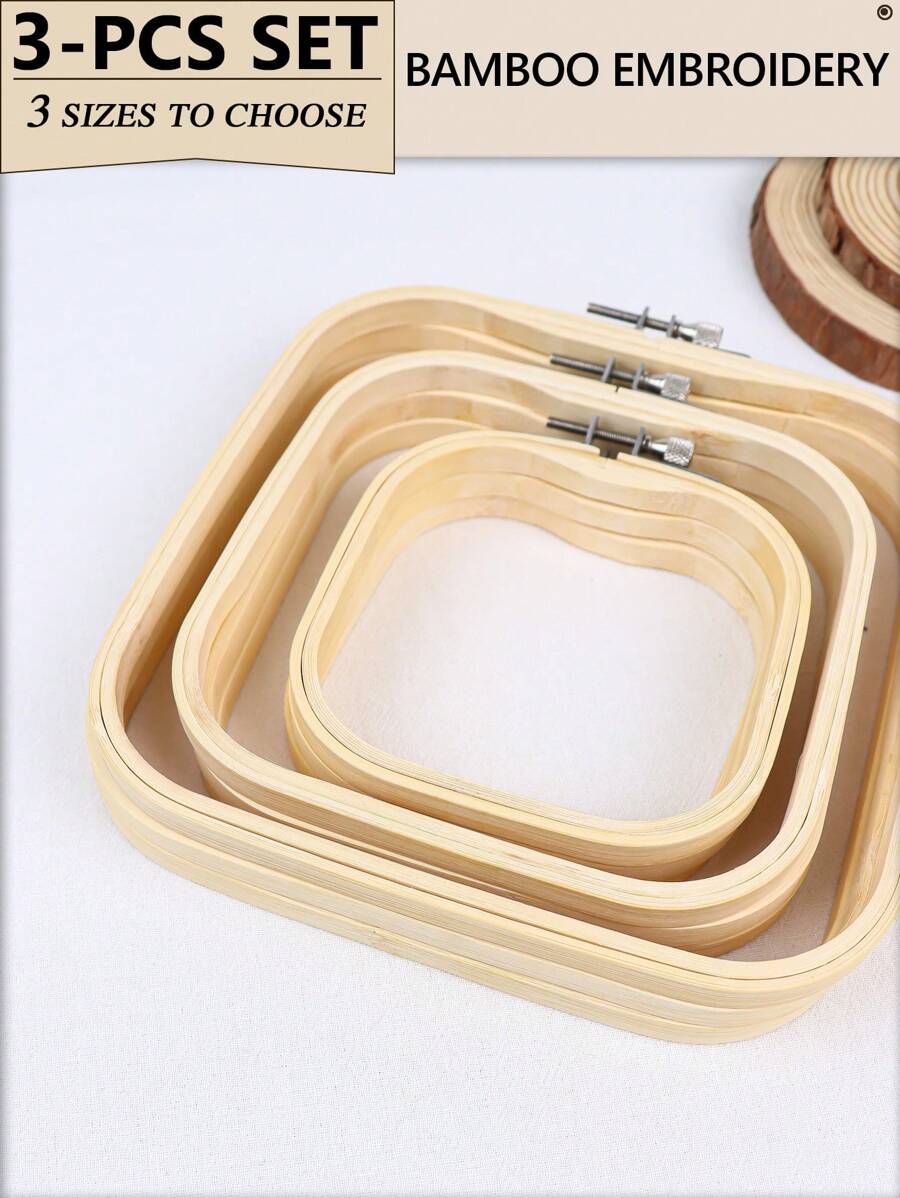 3pcs Beige Square -Friendly Moso Bamboo Handmade DIY Cross Stitch Embroidery Hoops Embroidery Frames Punch Needle Hoops, Also As Photo Frame Decoration, Durable