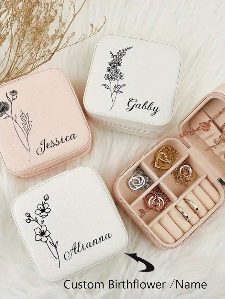 1pc Personalized Leather Jewelry Box Engraved Name & Birth Flower Perfect Gift For Valentine's Day, Bridesmaid Or Mothers