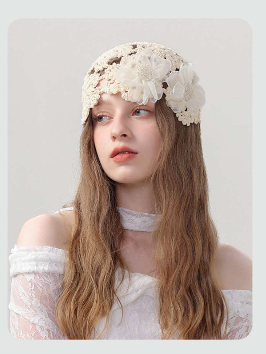 1pc Casual Boho Polyester Knitted Hollow Pearl Flower Handmade Beanie Hat, Lightweight 4 Season, Sweet & Cute Korean Style For Women