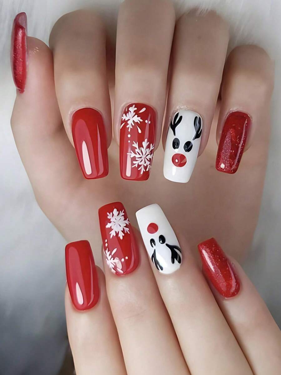 24 pièces/set Faux ongles longs de Noël, kit d'ongles avec design de flocons de neige et d'élans, convient pour les fêtes, la danse ou le port pendant les vacances