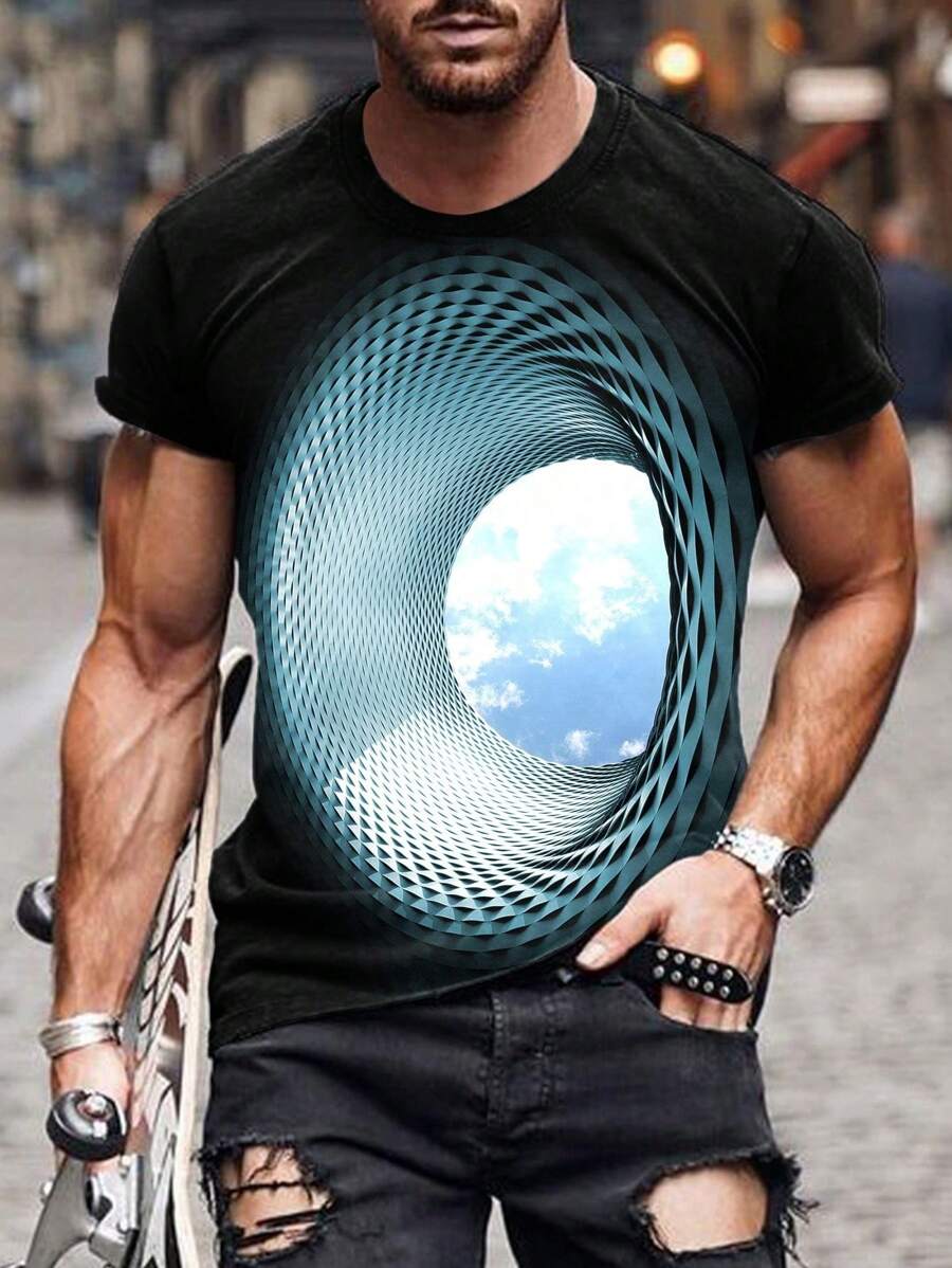 Men's Summer Geometric Print Crew Neck Short Sleeve Casual T-Shirt