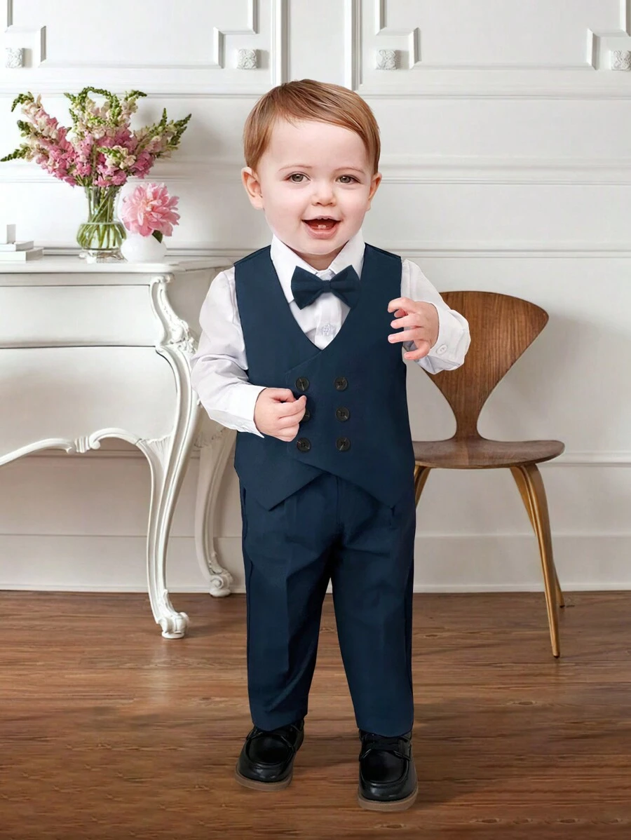 Traje formal para niños bebés 2024, conjunto de 4 piezas que incluye camisa de cuello blanco, chaleco sólido, moño y pantalones, atuendo para ocasiones formales