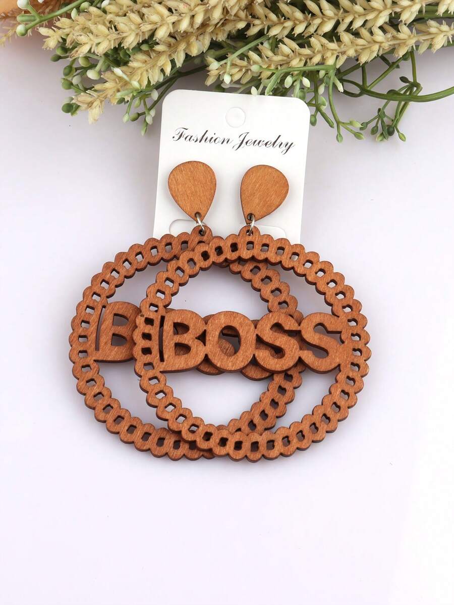 1 Pair 7cm Wooden Round Letter Earrings, BOSS Wooden Earring Studs Vintage Jewelry Accessory, DIY Craft Club Gift