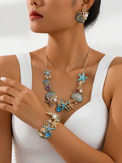 1pc Exquisite Set: Starfish Necklace, Blue Glazed Scallop Shell Earrings, Synthetic Turquoise Seahorse Bracelet, Exaggerated Party Jewelry Gifts For Girlfriend