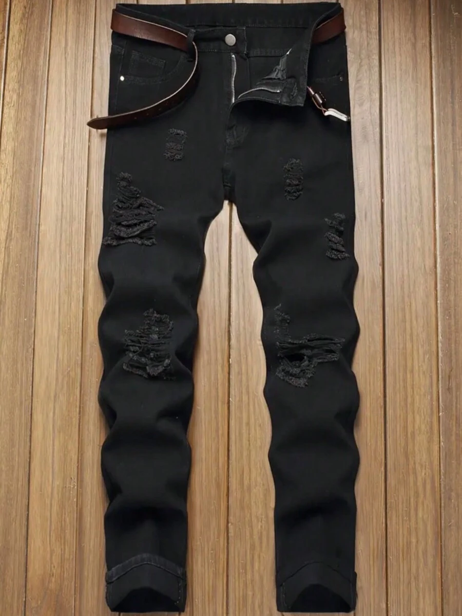 Men's Slim Straight Black Jeans Trousers, Distressed Casual Comfortable Design Suitable For City Walking And Outdoor Activities, Autumn/Winter