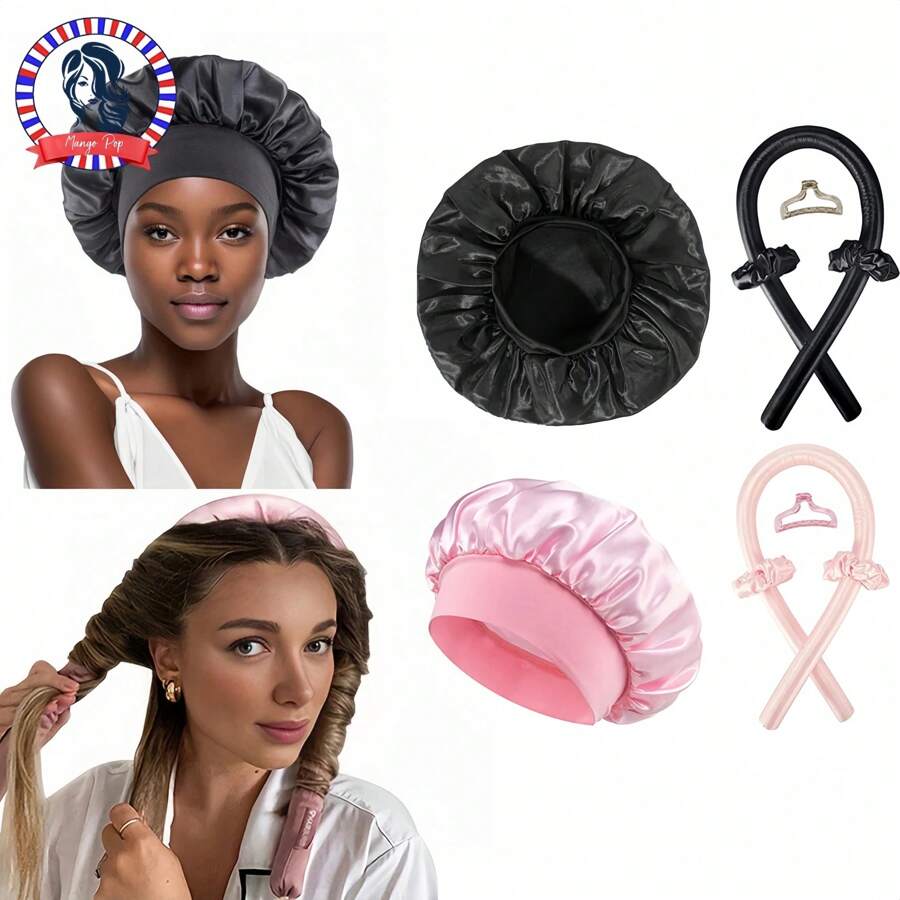 Heatless Hair Curlers For Long Hair With Silk Bonnet, Slouchy Crimper Satin Bonnet Single Layer Elastic Band Silk Sleep Cap Black Soft Adjustable Hair Cap Hair Wrap Large Bonnets For Sleeping. Soft Wave DIY Hair Rollers Styling Tool For Overnight No Heat Curling Rod Headband For Women And Girls