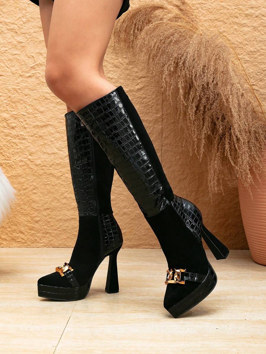 Women's New Pointy Toe Waterproof Platform Spliced Black High Heeled Fashionable Boots With Metal Buckle And Side Zipper, Autumn & Winter Knee-High Boots