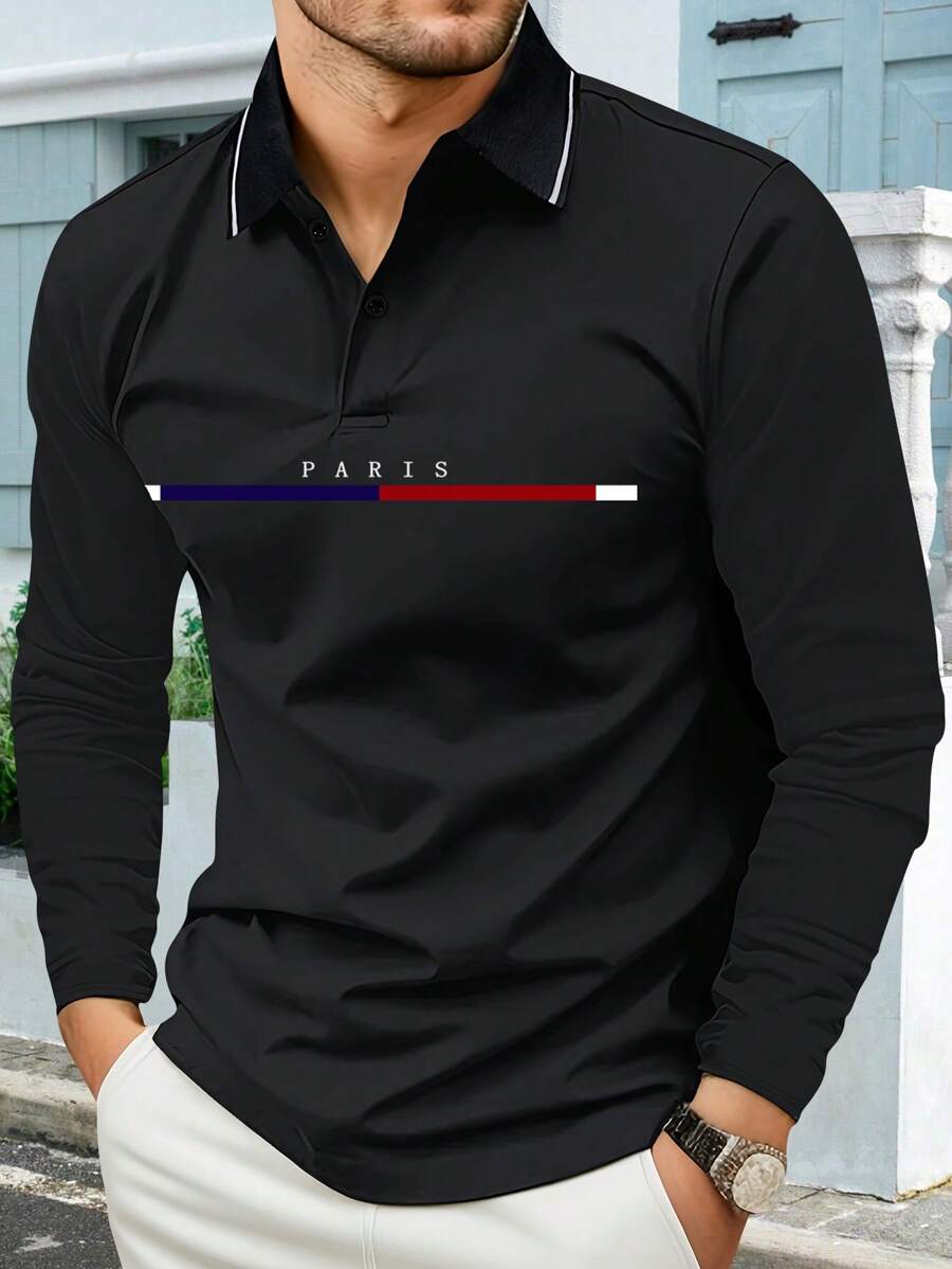 Long Sleeve Men's Polo Shirt With Paris Letter And Colorful Striped Print, Casual Sports Polo Collar Tee, Daily Lightweight Business Wear