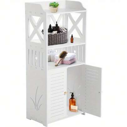Bathroom Floor Cabinet 92x40x25cm Storage Unit With 3 Tier 2 Door Shelves White MDF Painted Wood Free Standing Cupboard For Bathroom Porch